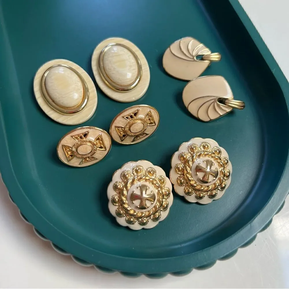 4 Pairs Mixed Decades 1950s - 1980s Large Cream Enamel Gold Toned Clip Earrings